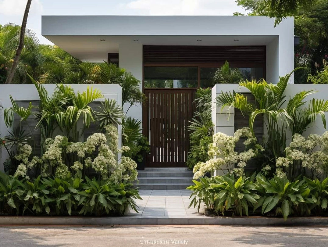 Mẫu sân vườn trước nhà đẹp với cây xanh bao quanh tạo cảm giác thư thái và gần gũi