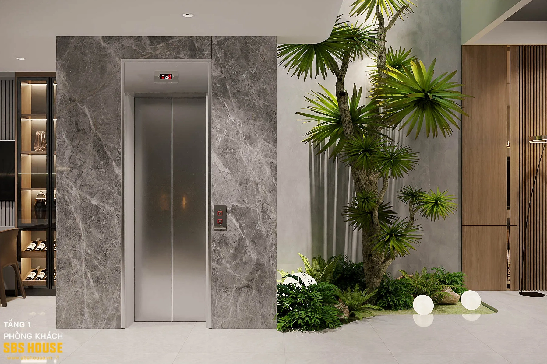 Mẫu thiết kế sân vườn giữa nhà xanh thoáng với cây lá vươn lên dưới ô sáng