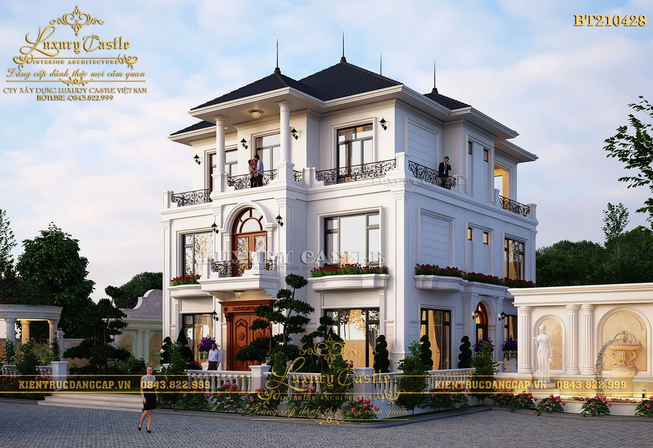 Nhà đẹp châu Âu ba tầng nổi bật giữa khoảng sân vườn xanh và không gian ngoại thất sang trọng