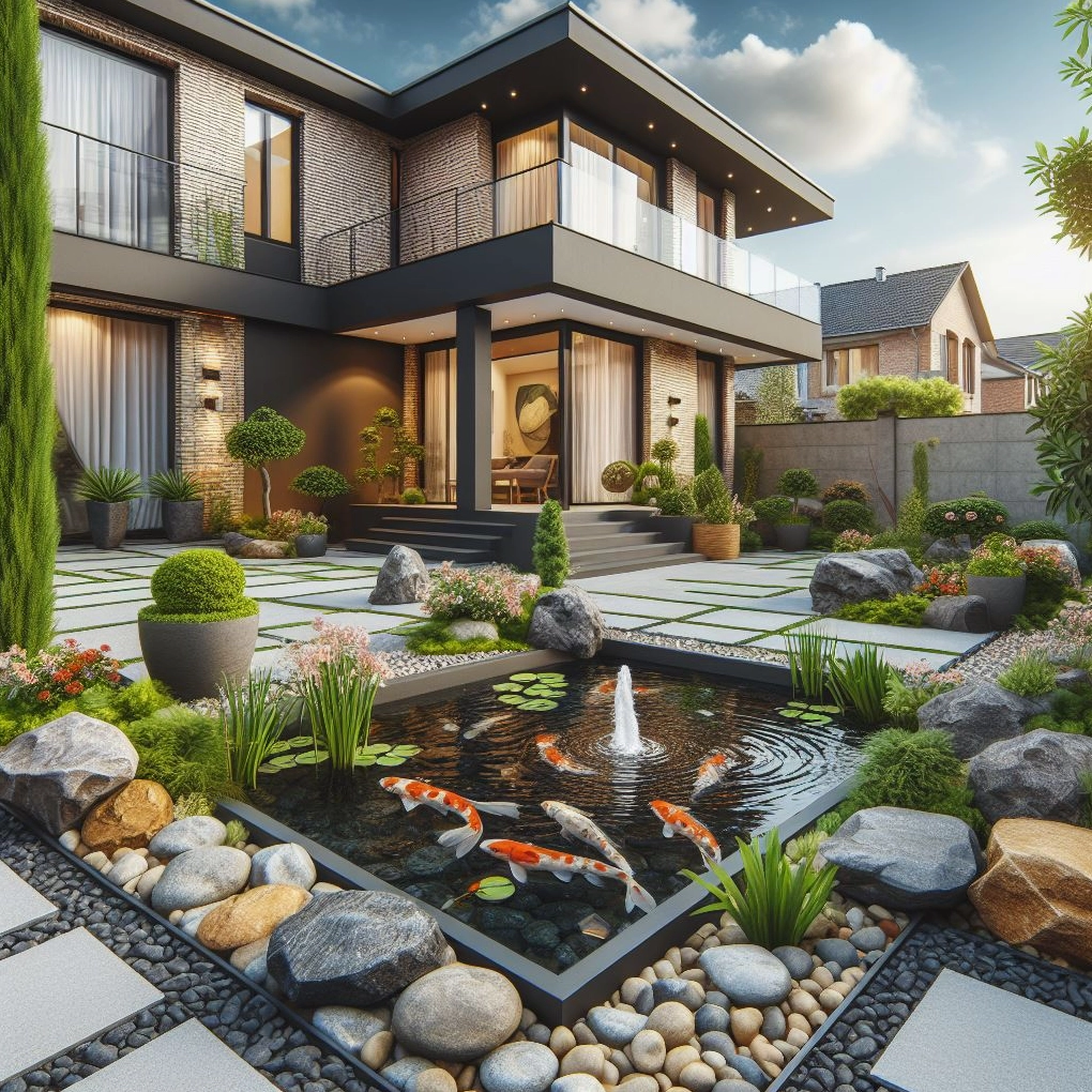Những vị trí hồ Koi trong sân vườn mở ra ý tưởng đặt Cây Cẩm Thạch dọc lối đi hoặc mép bồn cây
