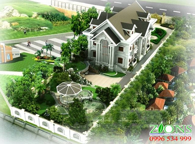 Phối cảnh sân vườn Châu Âu bên biệt thự với mảng xanh được bố trí hài hòa quanh công trình