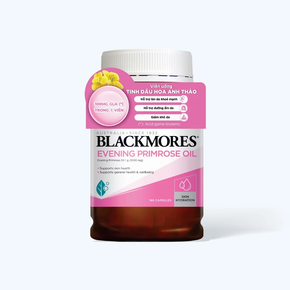 Sản phẩm tinh dầu Hoa Anh Thảo Blackmores Evening Primrose Oil chụp chính diện với nhãn in rõ ràng và gam màu vàng nâu thanh lịch