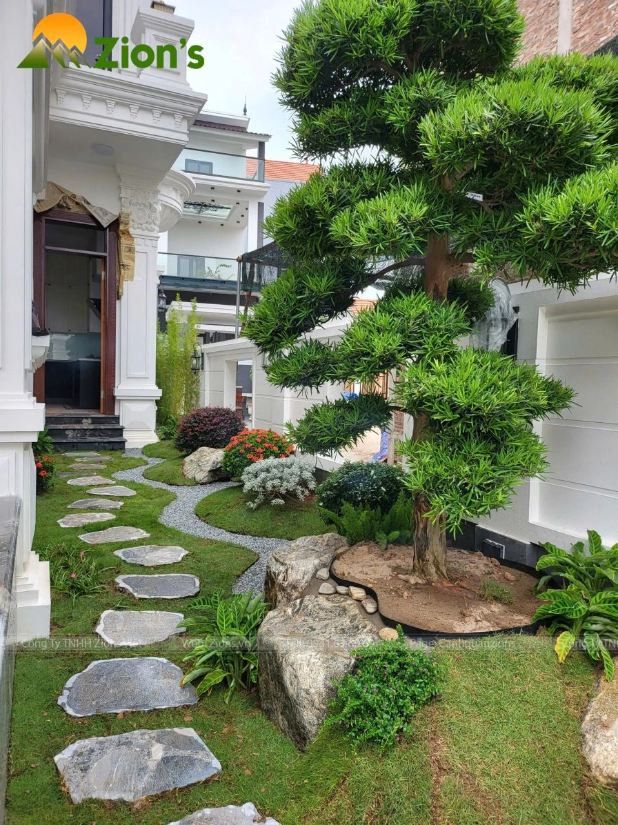 Sân vườn bên hông nhà đẹp với cây xanh dẫn lối và bố cục cảnh quan gọn gàng