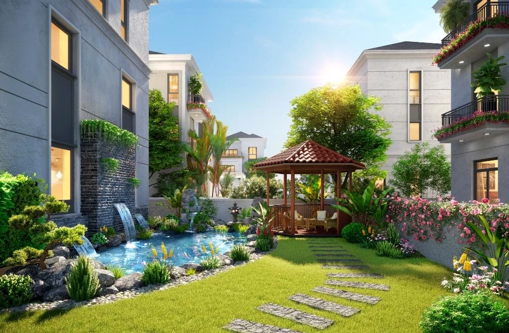 Sân vườn biệt thự có chòi nghỉ giữa mảng xanh, tạo nơi dừng chân thư thái