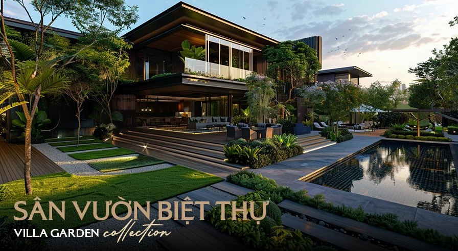 Sân vườn biệt thự đẹp và sang trọng với cảnh quan xanh rộng, lối dạo tinh tế và tổng thể đầy ấn tượng