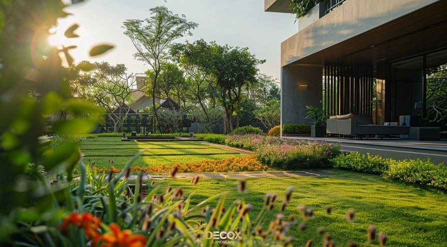 Sân vườn biệt thự hiện đại với thảm thực vật xanh mướt mang cảm giác thư giãn