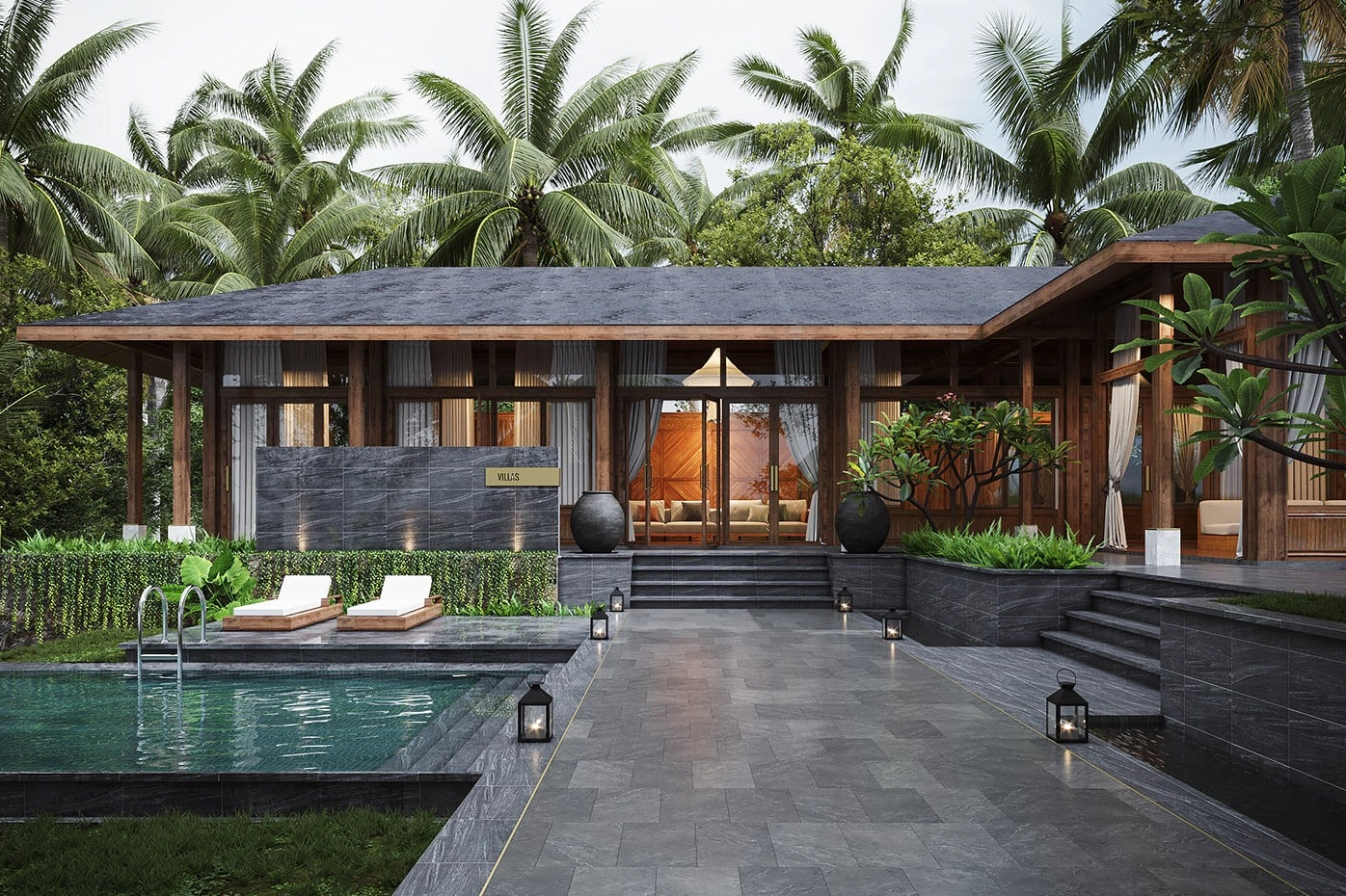Sân vườn biệt thự kiểu resort nghỉ dưỡng với không gian xanh thư thái và bố cục mở