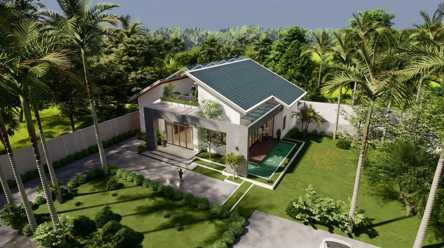 Sân vườn biệt thự mini với cây xanh vừa vặn, lối đi nhỏ và bố cục ấm cúng