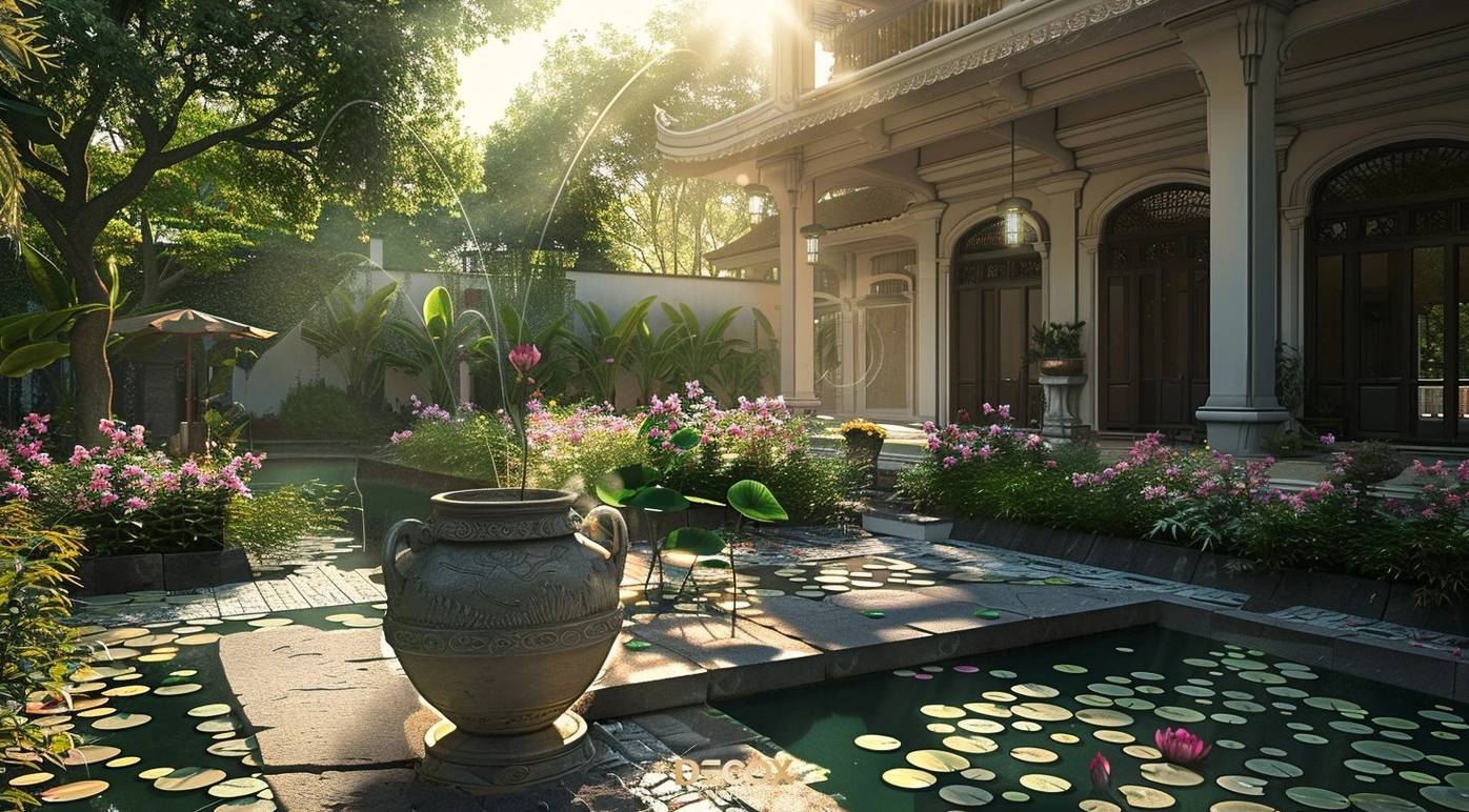 Sân vườn biệt thự phía trước nhà với cây xanh và lối vào được bố trí trang trọng