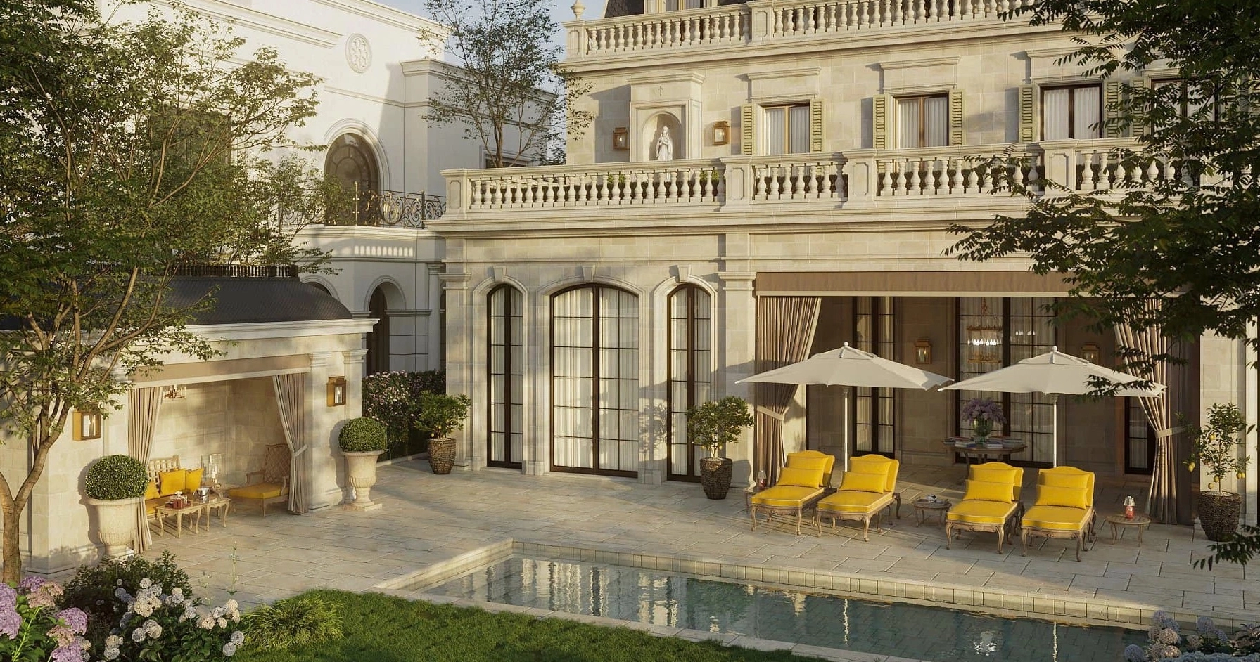 Sân vườn biệt thự phong cách Indochine với hơi thở Đông Dương, cây xanh và vật liệu mộc