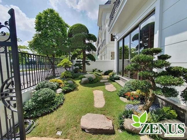 Sân vườn biệt thự xanh mát tại Quảng Ninh với cây tán rộng, nền cỏ dày và không gian mở giàu sức sống