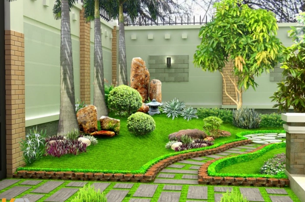 Sân vườn đơn giản mang không khí yên bình với cây xanh bao quanh nhà