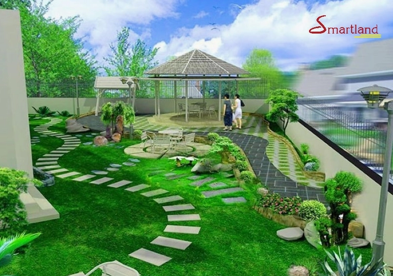 Sân vườn đơn giản với cây xanh được bố trí sáng sủa bên lối đi gọn gàng