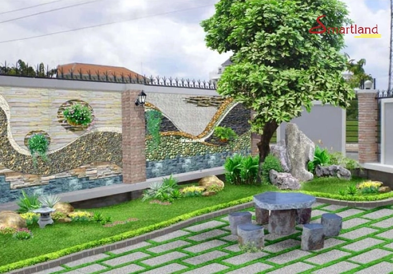 Sân vườn đơn giản với cây xanh được chăm sóc gọn gàng tạo cảm giác sạch và mát