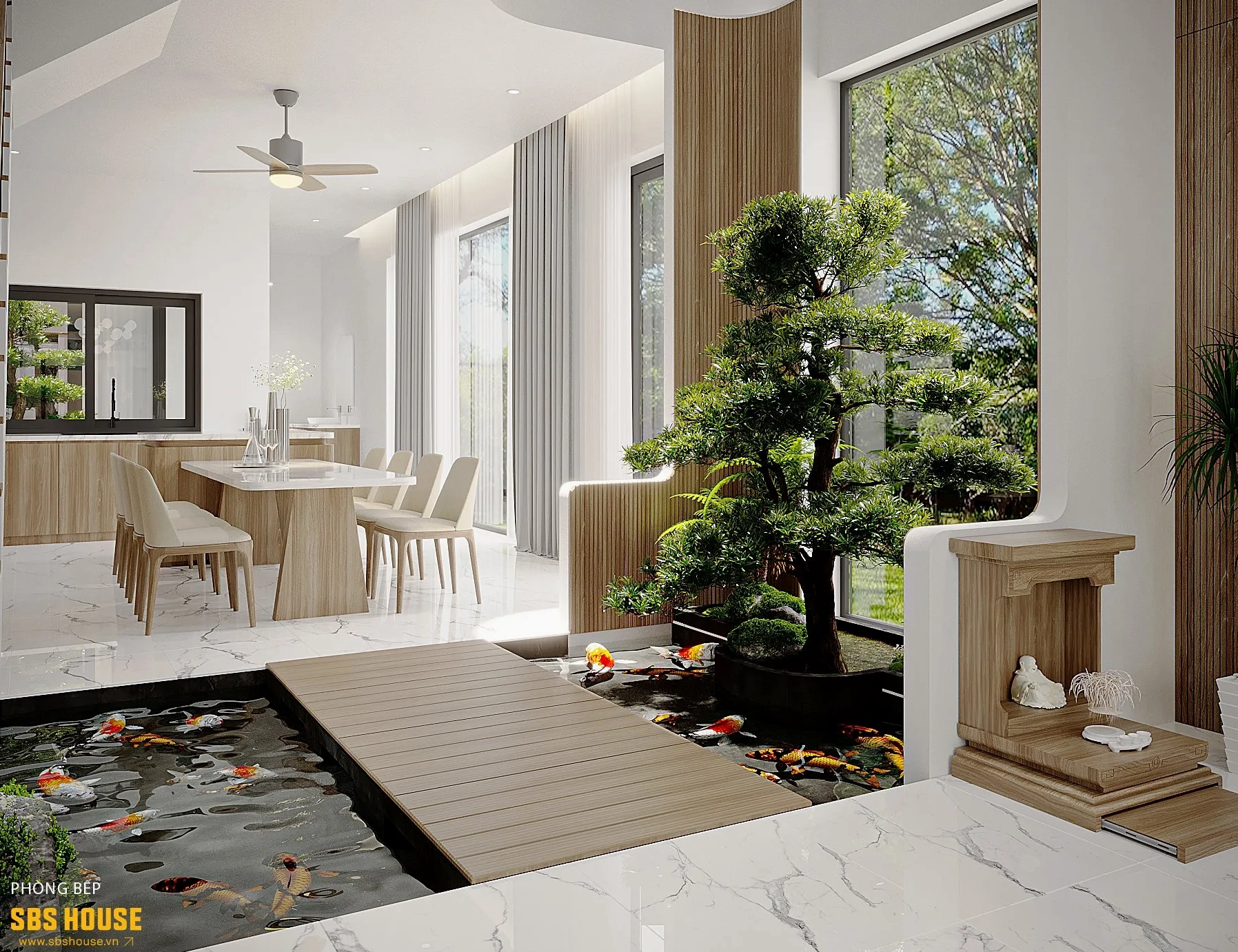Sân vườn giữa nhà kết hợp hồ cá nhỏ tạo cảm giác mát lành và thư thái