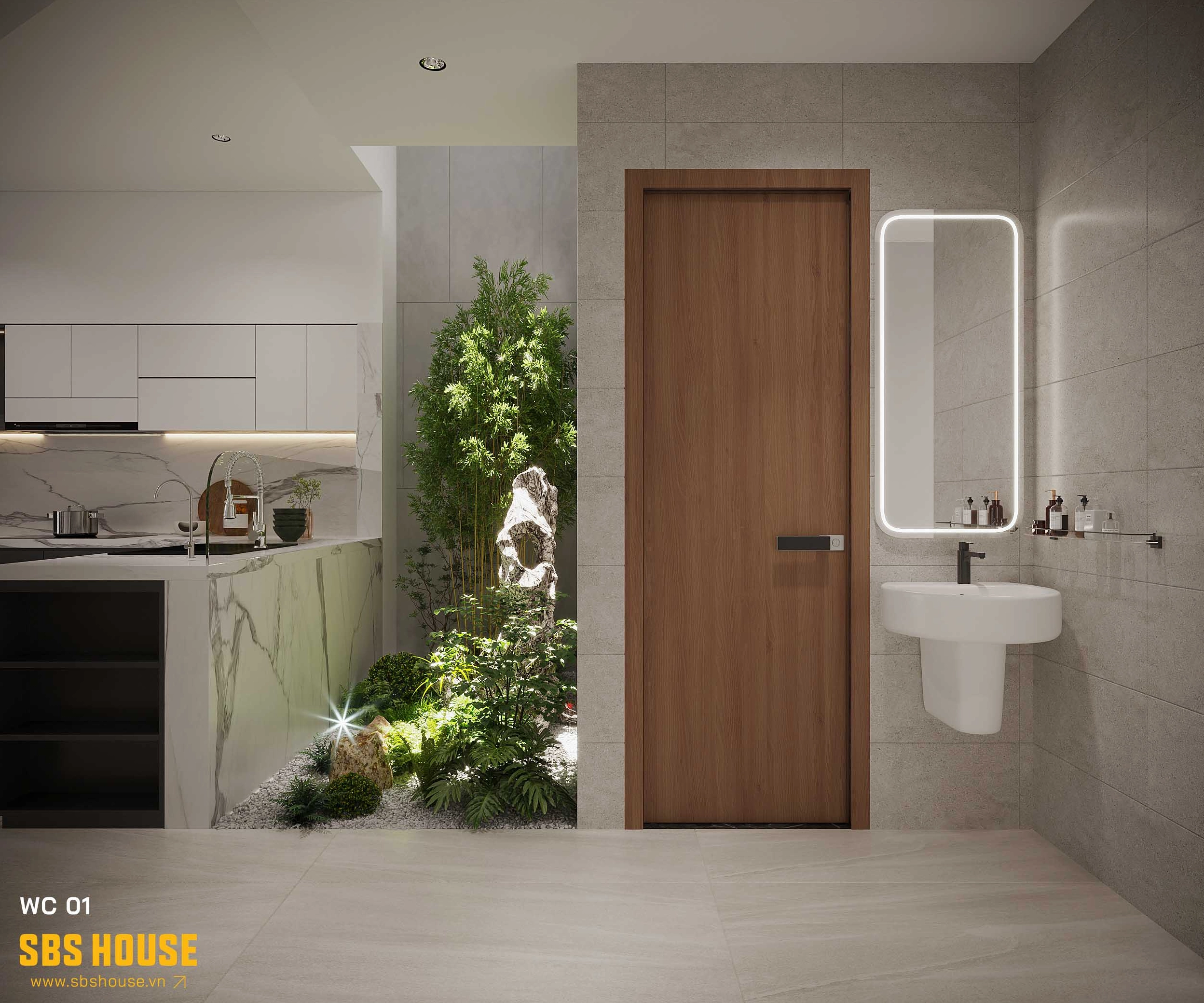Sân vườn giữa nhà ống nhỏ đẹp với bố cục xanh mát và gần gũi