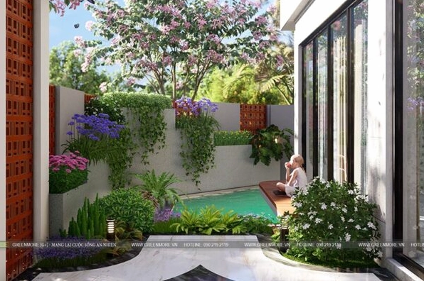 Sân vườn hiện đại cho gia đình trẻ hai thế hệ tại Ecopark với bố cục thân thiện