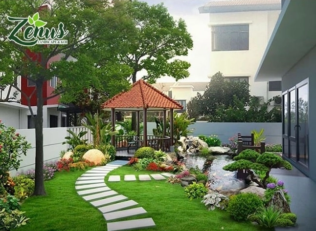 Sân vườn hiện đại có chòi nghỉ nhỏ nằm giữa cây xanh và lối dạo êm dịu