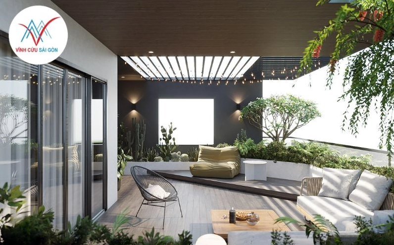 Sân vườn hiện đại có đường nét tối giản, mảng xanh được bố trí rõ ràng và tinh tế