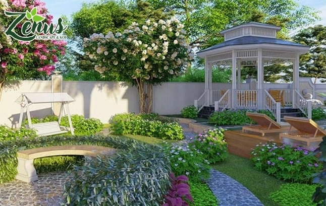 Sân vườn hiện đại được thi công với cây xanh và không gian mở giàu ánh sáng