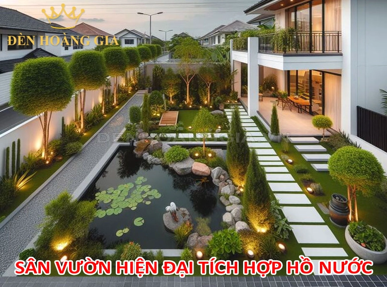 Sân vườn hiện đại tích hợp hồ nước tạo cảm giác mát lành và phản chiếu ánh sáng dịu