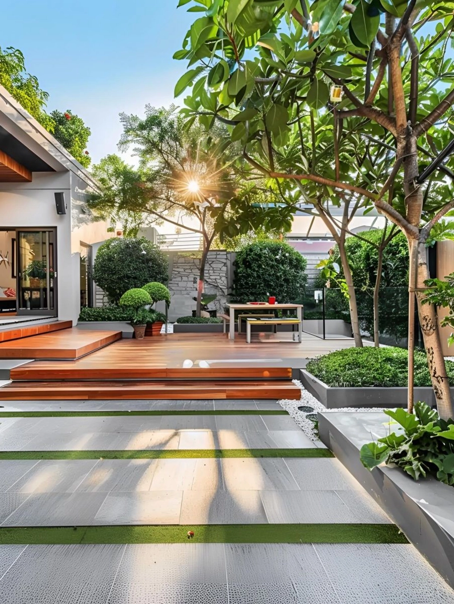 Sân vườn hiện đại với cây xanh tươi mát làm nổi bật kiến trúc biệt thự