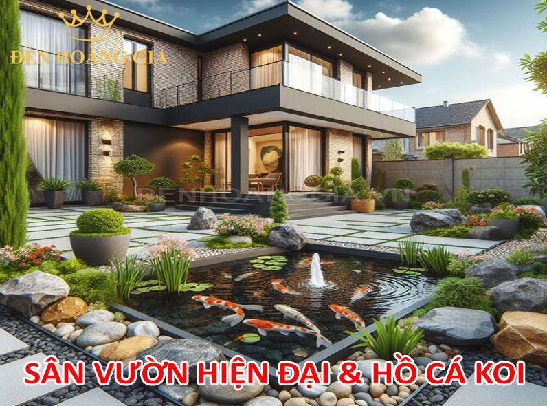 Sân vườn hiện đại với hồ cá Koi, cây xanh và không gian thư giãn ngoài trời