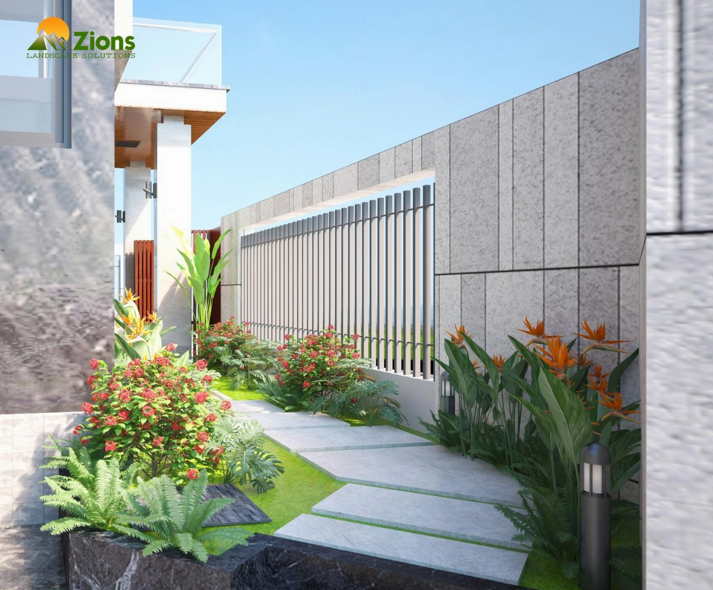 Sân vườn nhà cấp 4 hiện đại với đường nét gọn gàng và mảng cây xanh tươi