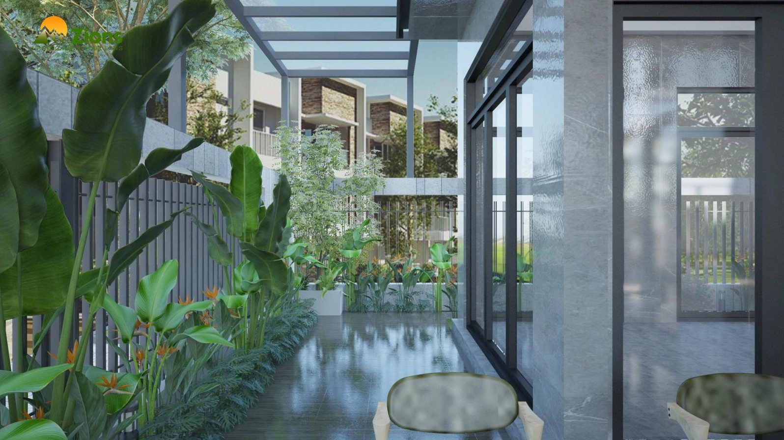 Sân vườn nhà cấp 4 phong cách hiện đại có bố cục thoáng và màu xanh dịu mắt