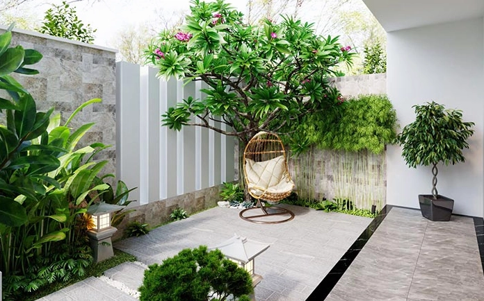 Sân vườn nhà phố được bố trí cây xanh giúp không gian sống thêm trong lành