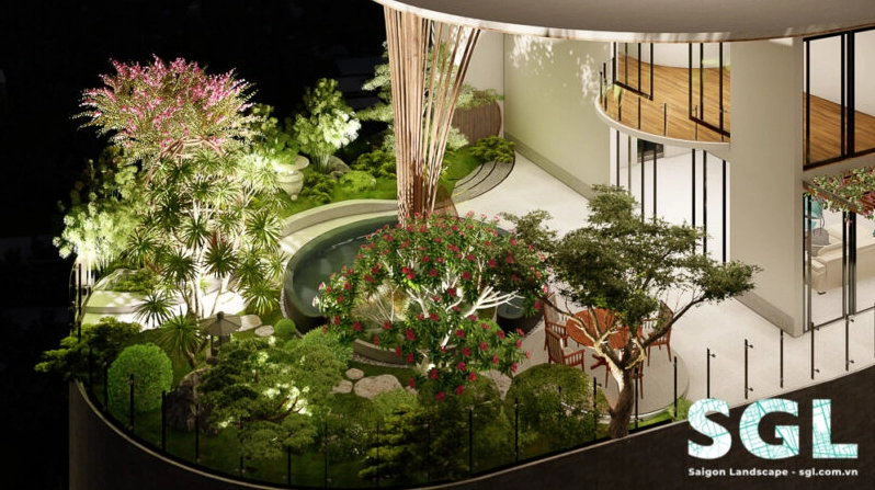 Sân vườn penthouse ở Vũng Tàu phong cách Á Đông với cây xanh và tầm nhìn thoáng