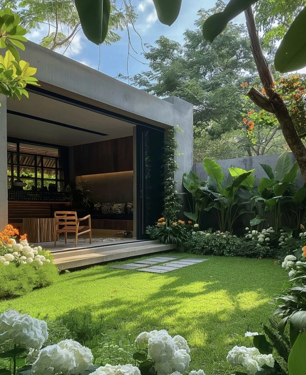 Sân vườn phía sau nhà với mảng cây xanh làm dịu nhịp sống đô thị