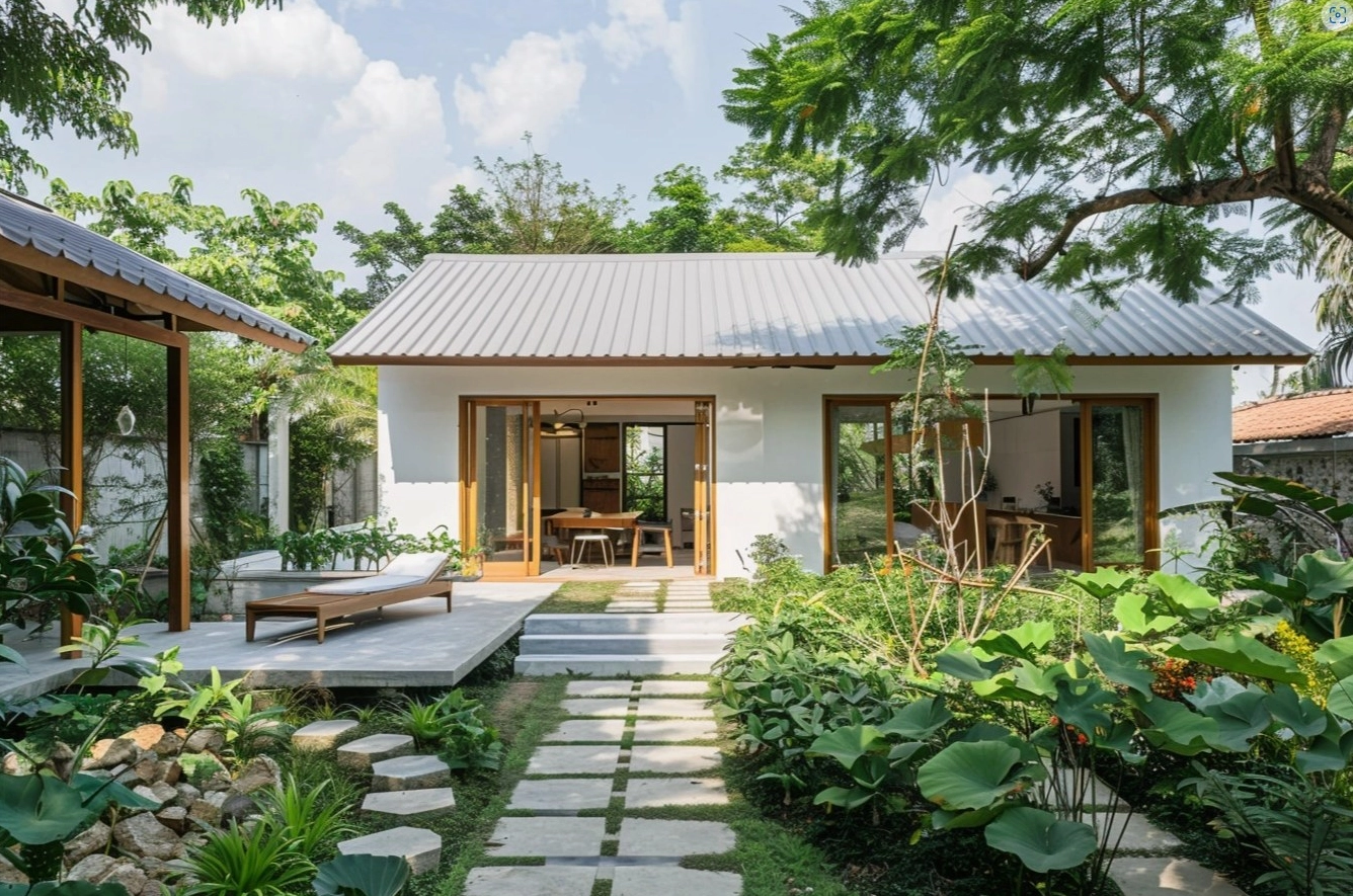 Sân vườn trước nhà cấp 4 với cây xanh gần gũi và bố cục nhẹ nhàng dễ ứng dụng