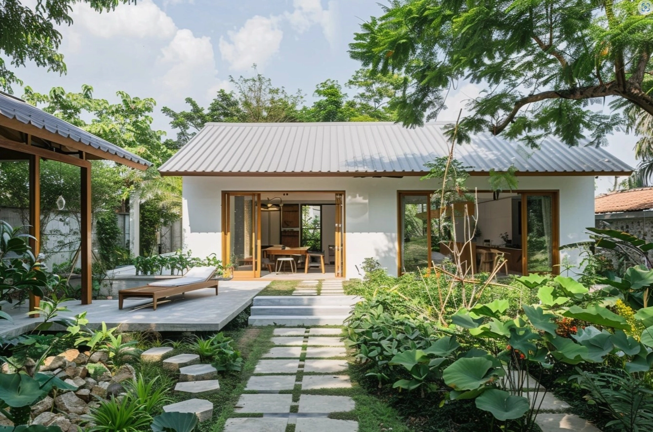 Sân vườn trước nhà cấp 4 với khoảng xanh mộc mạc và gần gũi