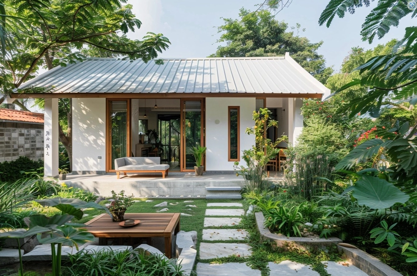 Sân vườn trước nhà cấp 4 xanh mát với không gian thoáng và cảm giác thư thái