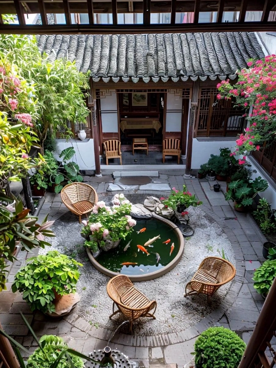 Sân vườn trước nhà có bố cục thống nhất với cây xanh lối đi và kiến trúc mặt tiền
