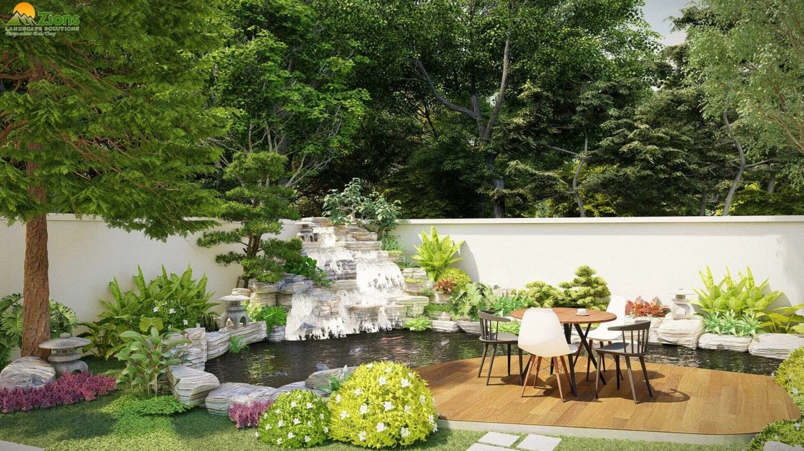 Sân vườn trước nhà có hồ cá koi phản chiếu cây xanh và không gian nghỉ ngơi yên tĩnh