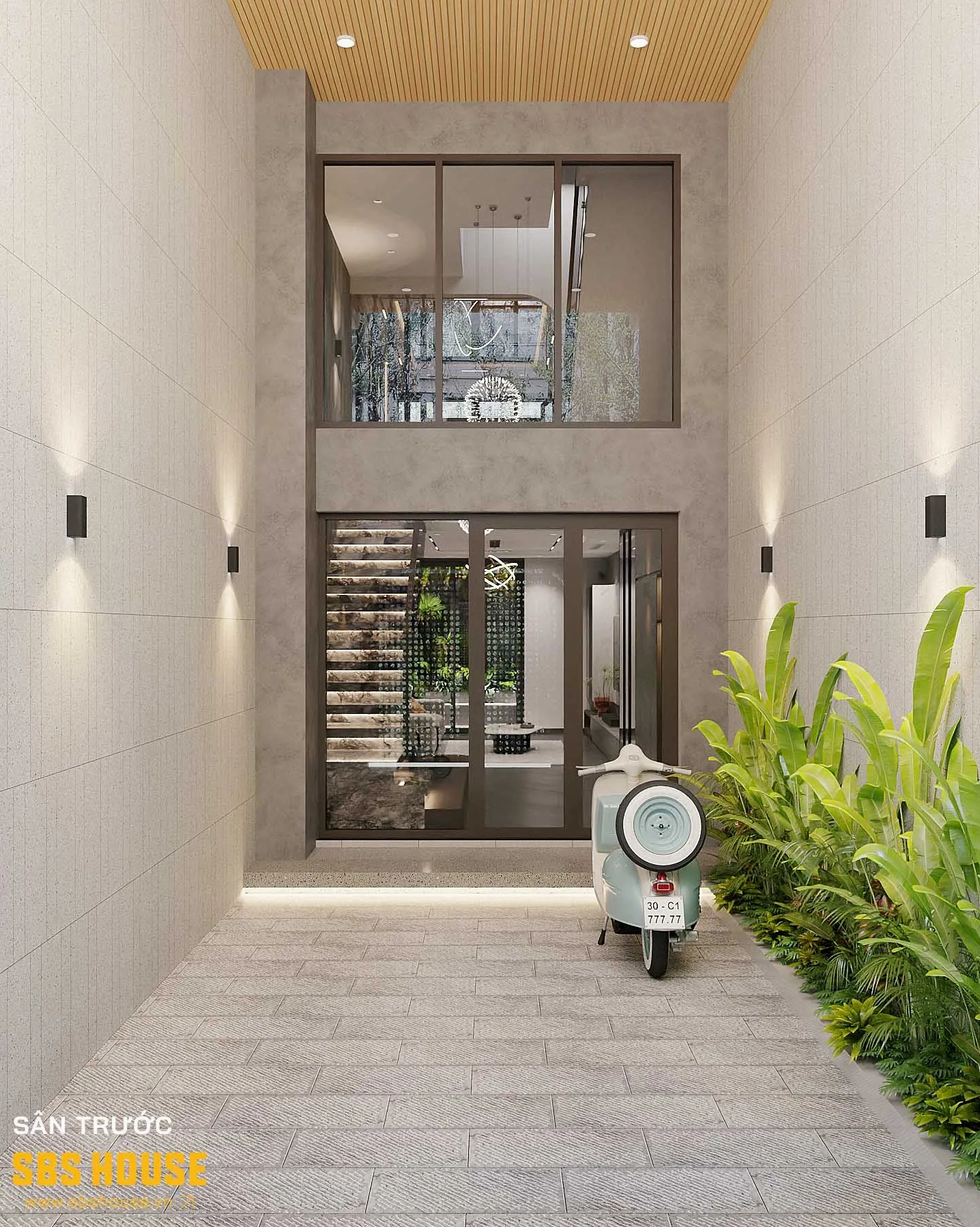 Sân vườn trước nhà kết hợp nhà để xe với cây xanh cân bằng công năng