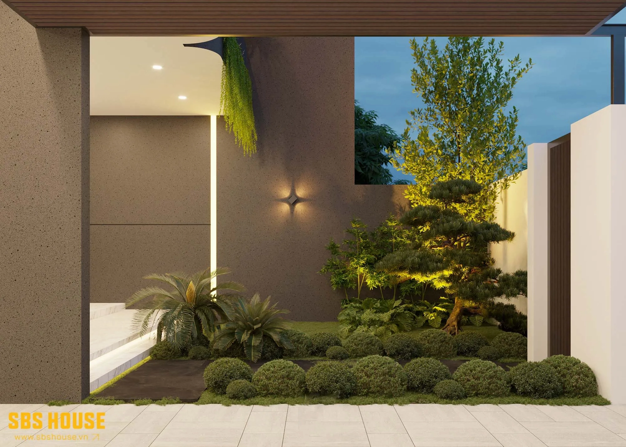 Sân vườn trước nhà ống với cây cảnh tươi xanh và khoảng đệm thoáng