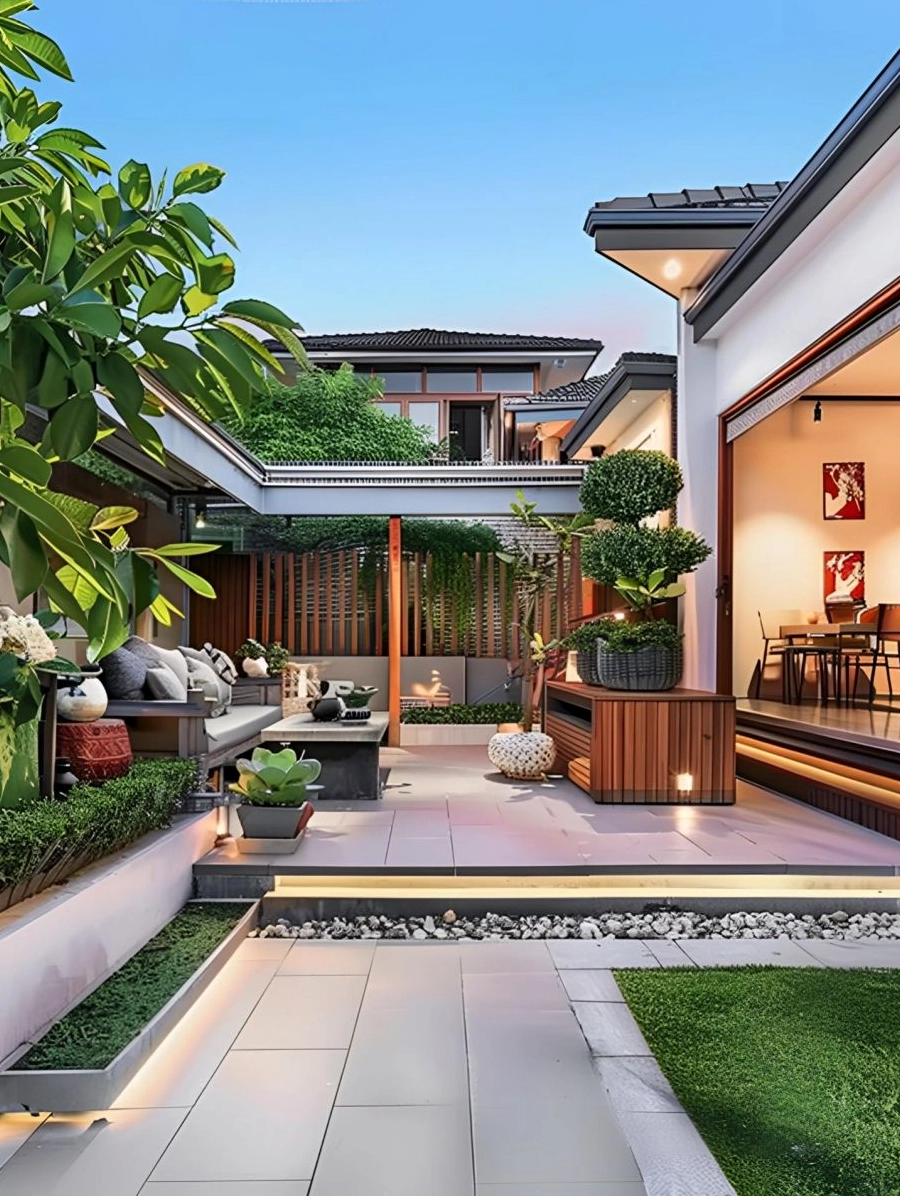 Sân vườn trước nhà phong cách hiện đại với cây xanh và lối đi sạch thoáng