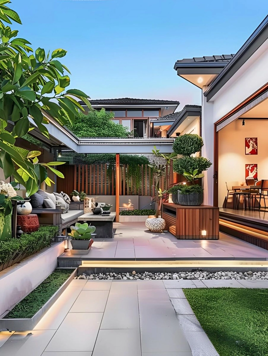 Sân vườn trước nhà phong cách hiện đại với mảng xanh gọn gàng và lối đi thanh thoát
