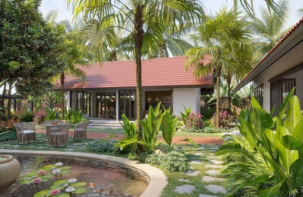Sân vườn tự làm phong cách Việt Nam với nét xanh gần gũi và bình yên