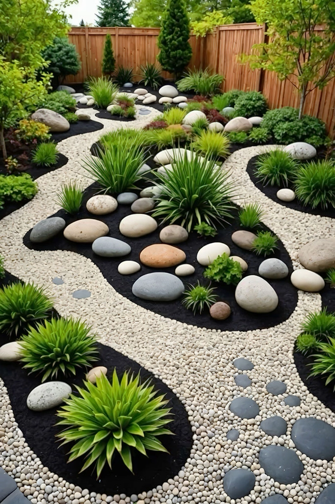 Sỏi trang trí sân vườn màu sáng phủ nền giúp lối đi thêm sạch và nổi bật