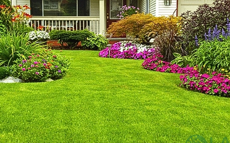 Thảm cỏ nhân tạo xanh tươi làm nền cho sân vườn thanh lịch và thư thái