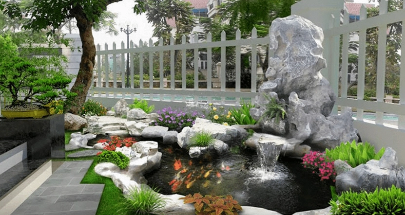 Thi công tiểu cảnh với bố cục cây xanh và vật liệu cảnh quan tạo cảm giác thư thái