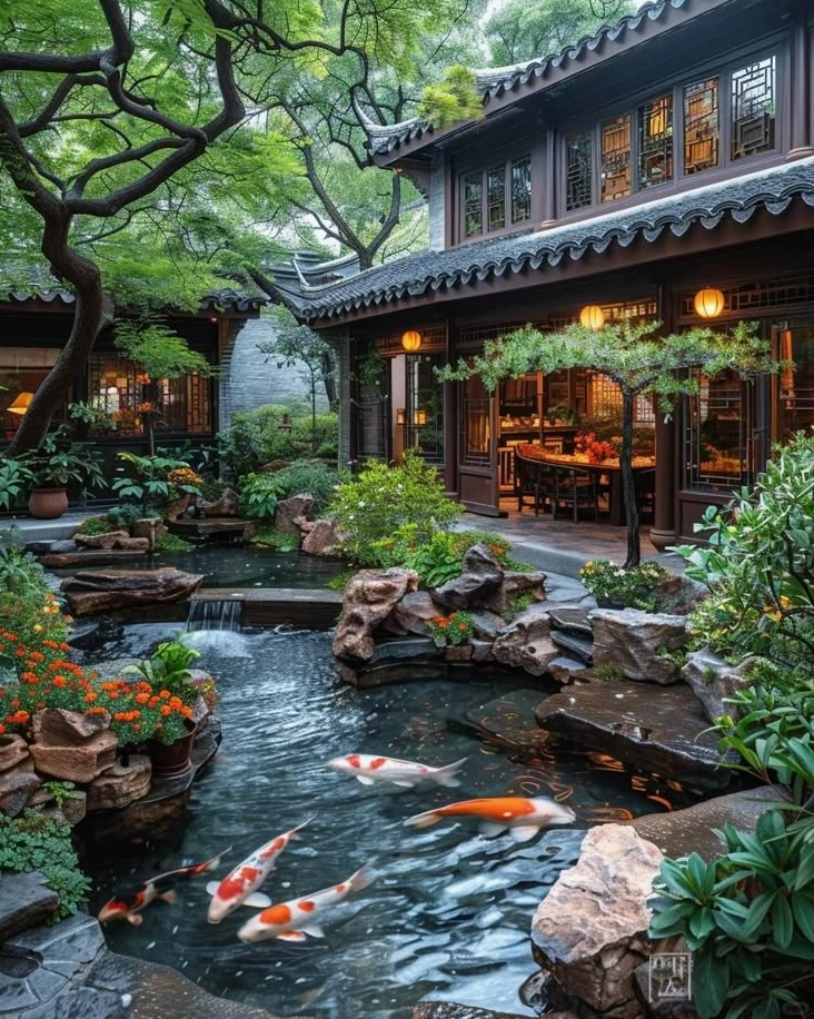 Thiết kế hồ cá Koi hòa mình vào thiên nhiên với cây xanh bao quanh và cảm giác biophilic dịu mát