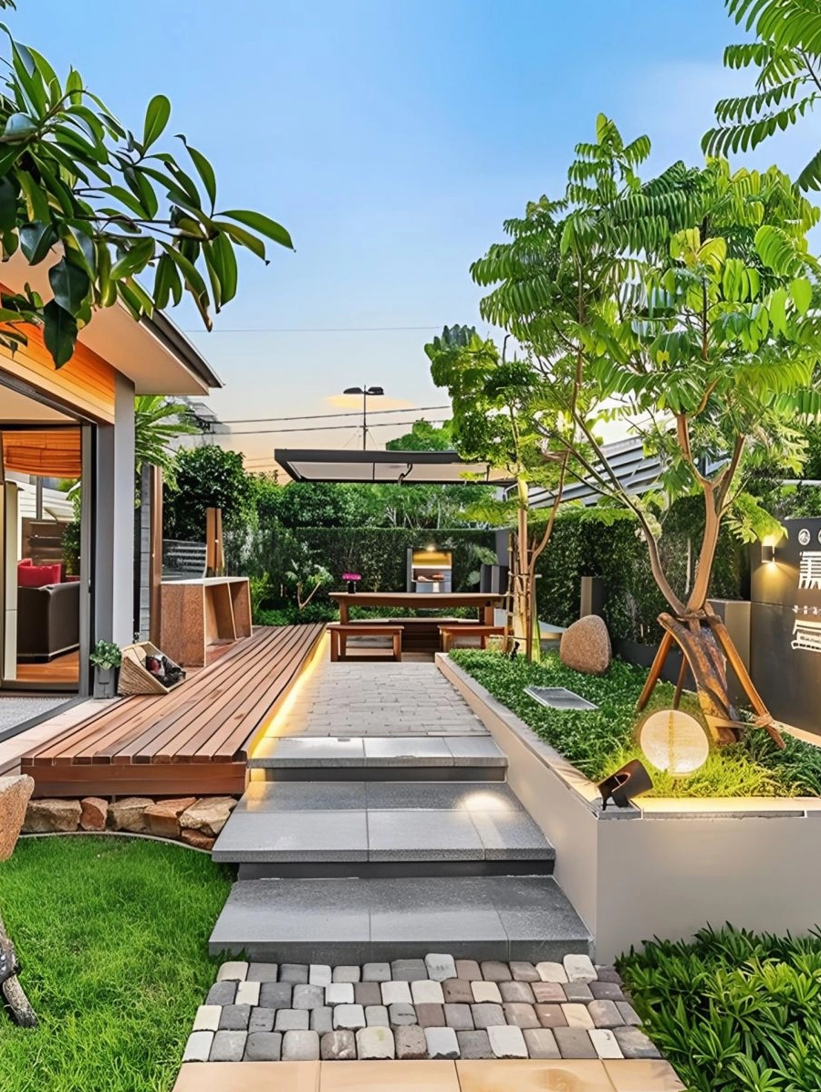 Thiết kế sân vườn biệt thự đẹp với thảm cỏ xanh và bố cục cảnh quan hài hòa