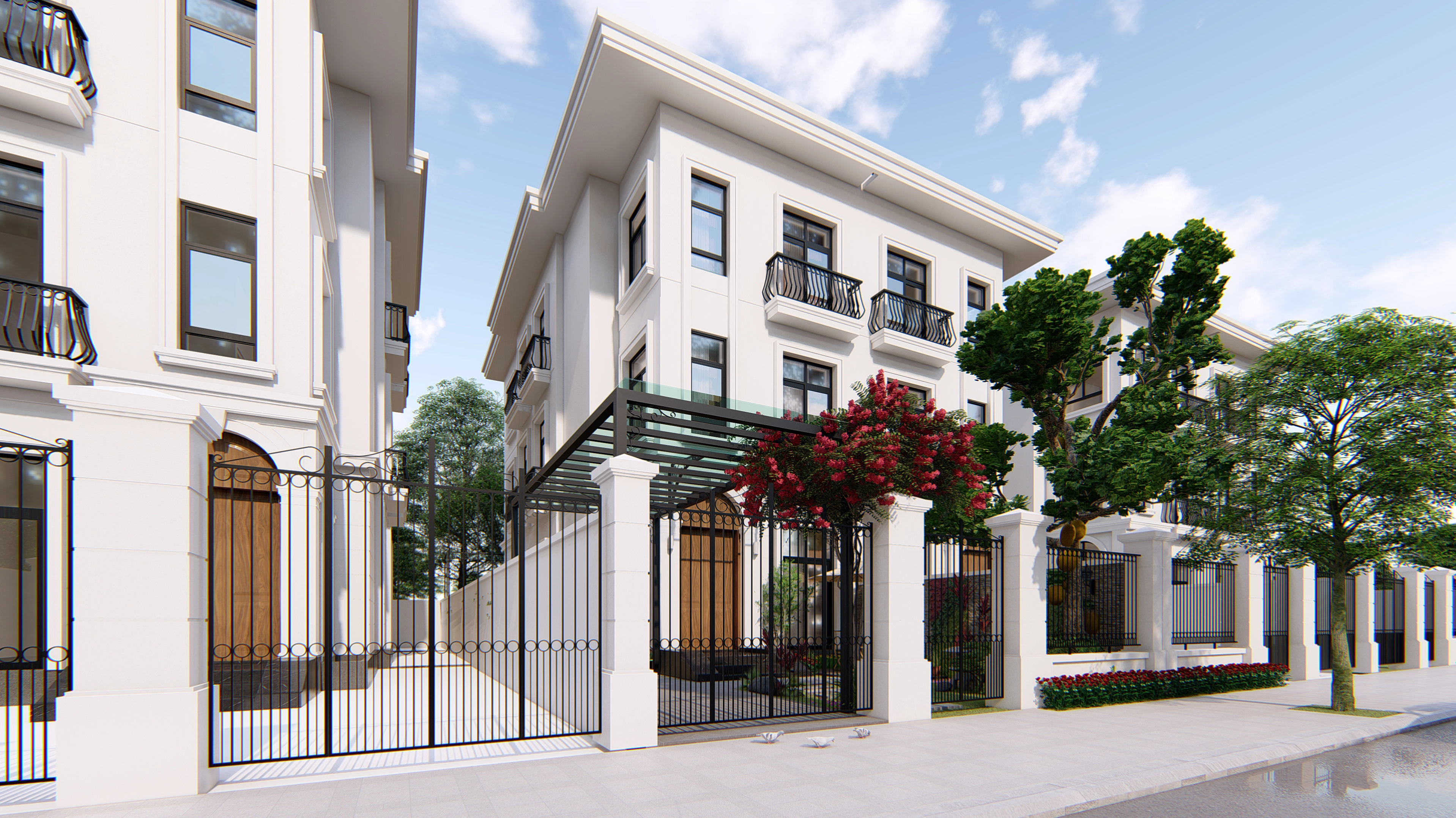 Thiết kế sân vườn biệt thự Vinhomes Green Bay với nền cây phong phú, gợi ý thêm Cây Cẩm Thạch cho mảng lá đổi màu