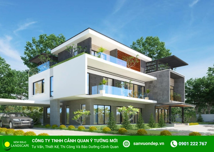 Thiết kế sân vườn biệt thự với cây cảnh và không gian mở sang trọng