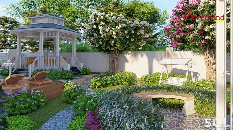 Thiết kế sân vườn đơn giản với cây cảnh và đường nét hiện đại dễ chăm sóc